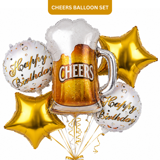 Cheers on Beers Birthday Balloon Bouquet Set – 5 Pcs | Fun Beer Mug & Gold Star Foil Balloons for Adult Birthday Party Decoration