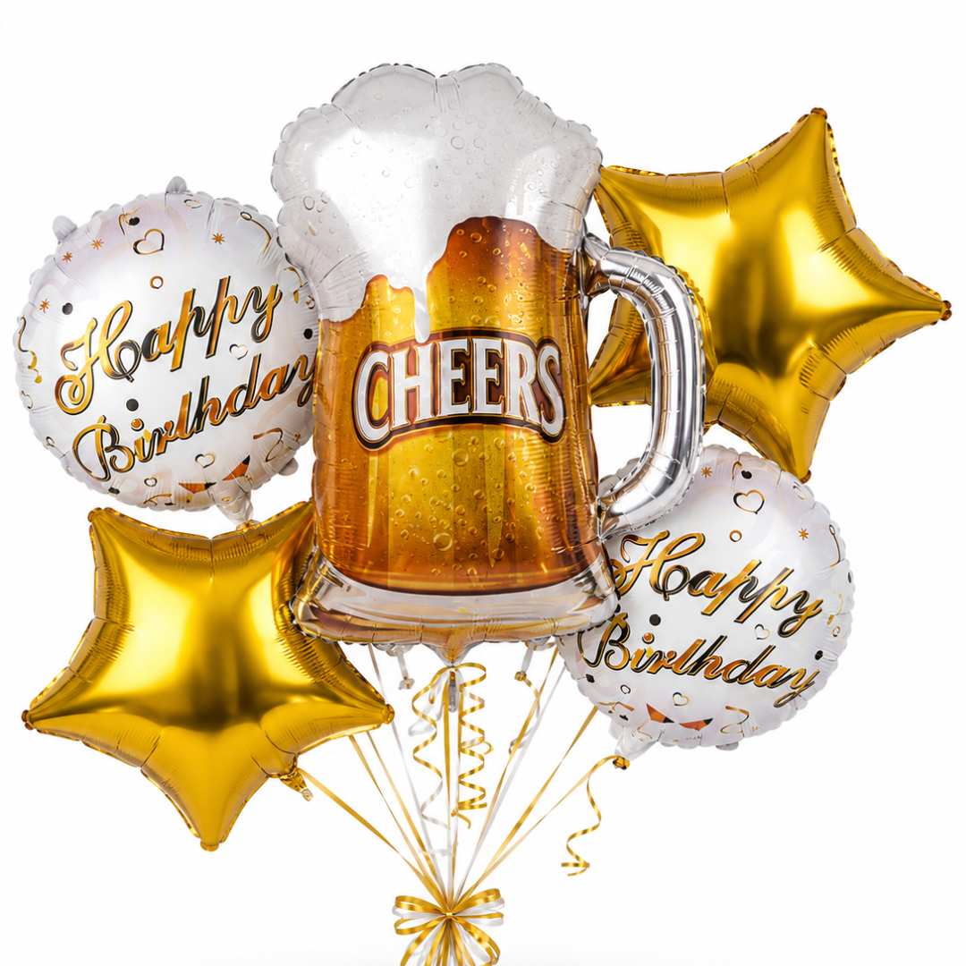 Cheers on Beers Birthday Balloon Bouquet Set – 5 Pcs | Fun Beer Mug & Gold Star Foil Balloons for Adult Birthday Party Decoration