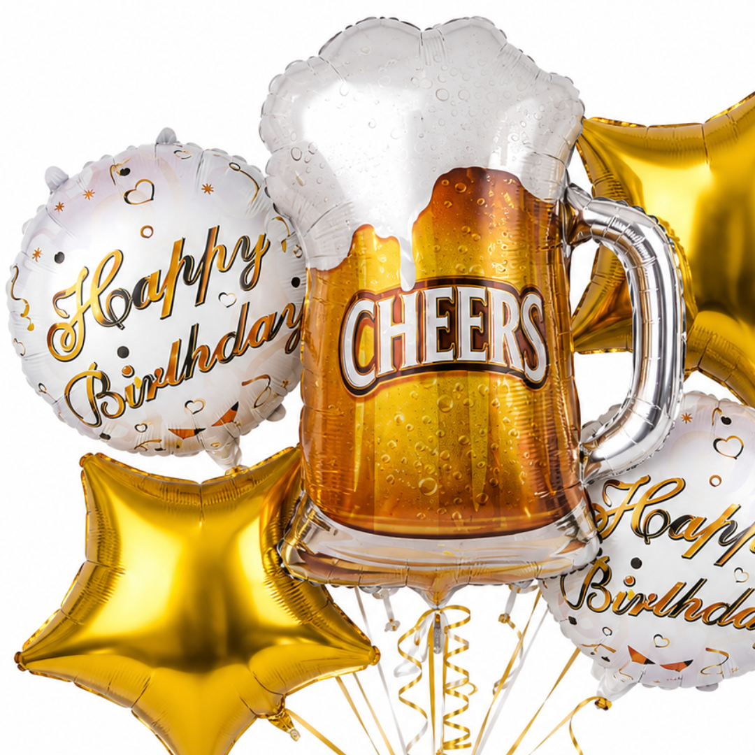 Cheers on Beers Birthday Balloon Bouquet Set – 5 Pcs | Fun Beer Mug & Gold Star Foil Balloons for Adult Birthday Party Decoration