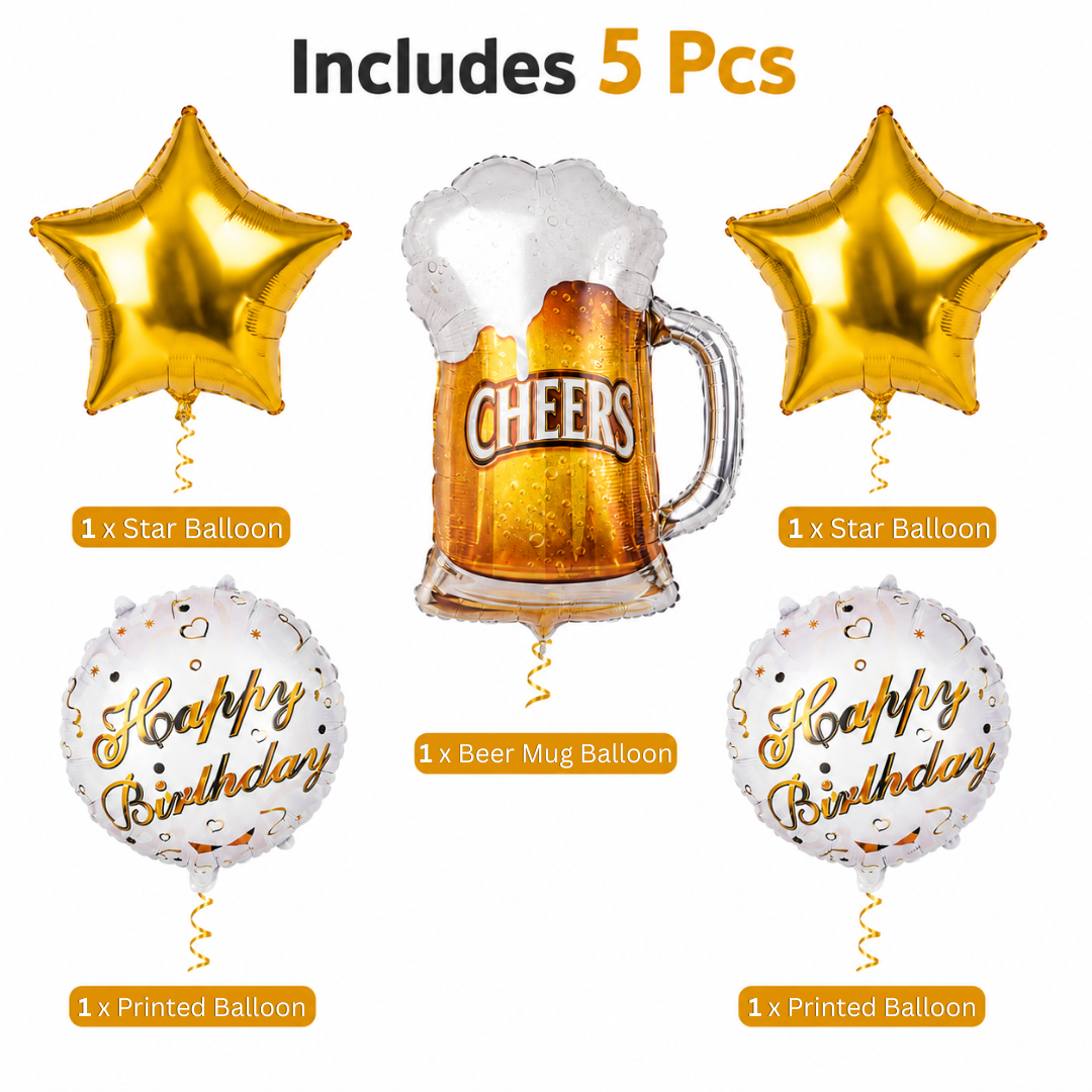 Cheers on Beers Birthday Balloon Bouquet Set – 5 Pcs | Fun Beer Mug & Gold Star Foil Balloons for Adult Birthday Party Decoration