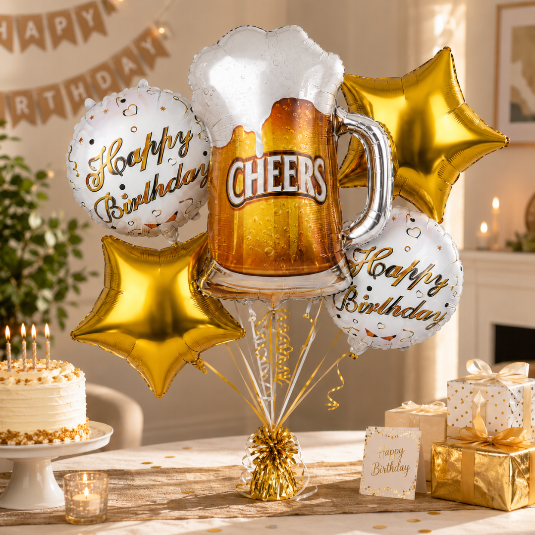 Cheers on Beers Birthday Balloon Bouquet Set – 5 Pcs | Fun Beer Mug & Gold Star Foil Balloons for Adult Birthday Party Decoration