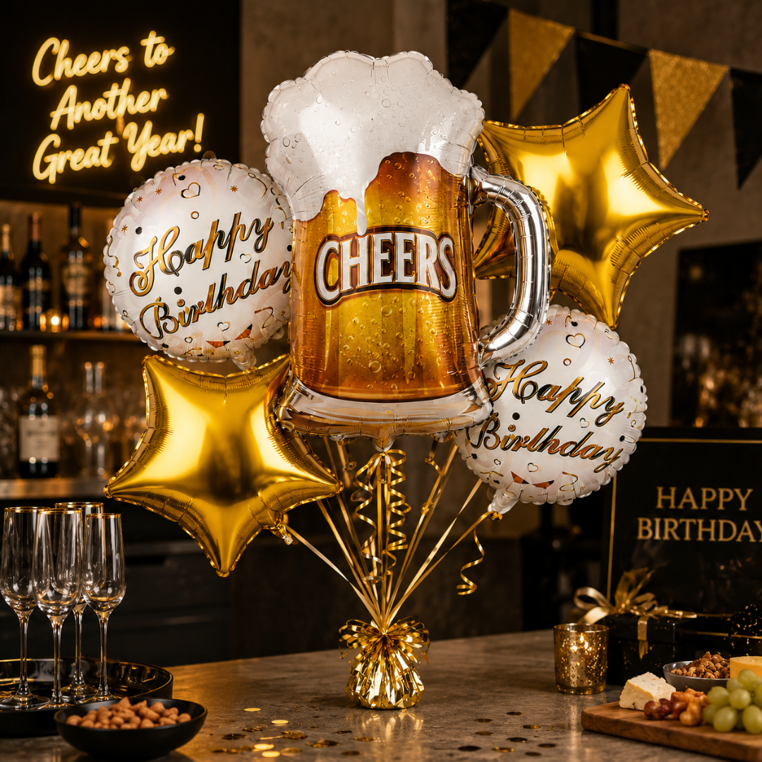 Cheers on Beers Birthday Balloon Bouquet Set – 5 Pcs | Fun Beer Mug & Gold Star Foil Balloons for Adult Birthday Party Decoration