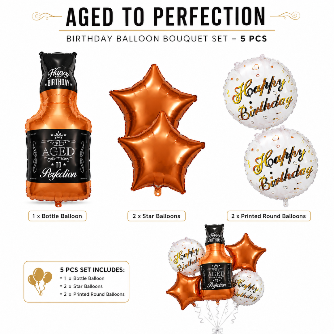 Aged To Perfection Birthday Balloon Bouquet Set – 5 Pcs | Fun Bottle Shaped Foil Balloons for Adult Birthday Party Decoration & Photo Backdrop