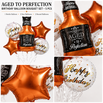 Aged To Perfection Birthday Balloon Bouquet Set – 5 Pcs | Fun Bottle Shaped Foil Balloons for Adult Birthday Party Decoration & Photo Backdrop
