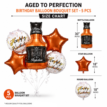 Aged To Perfection Birthday Balloon Bouquet Set – 5 Pcs | Fun Bottle Shaped Foil Balloons for Adult Birthday Party Decoration & Photo Backdrop