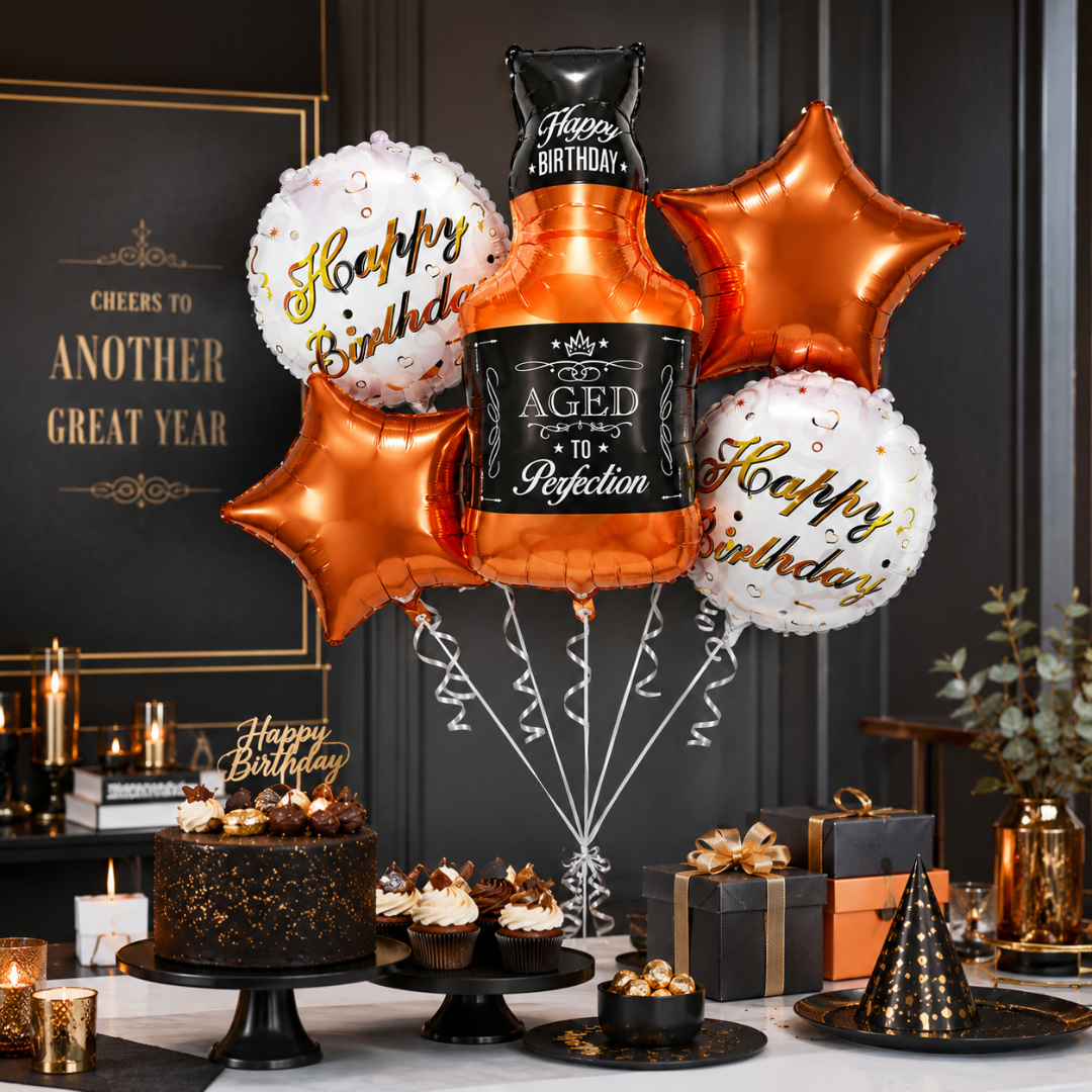 Aged To Perfection Birthday Balloon Bouquet Set – 5 Pcs | Fun Bottle Shaped Foil Balloons for Adult Birthday Party Decoration & Photo Backdrop