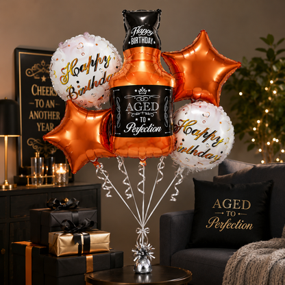 Aged To Perfection Birthday Balloon Bouquet Set – 5 Pcs | Fun Bottle Shaped Foil Balloons for Adult Birthday Party Decoration & Photo Backdrop