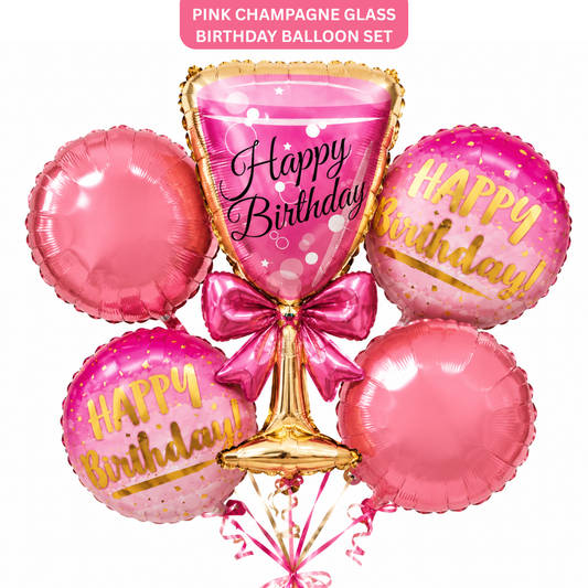 Pink Champagne Glass Birthday Balloon Bouquet Set – 5 Pcs | Fun Pink Foil Balloons for Birthday Party Decoration, Celebration Decor & Photo Backdrop