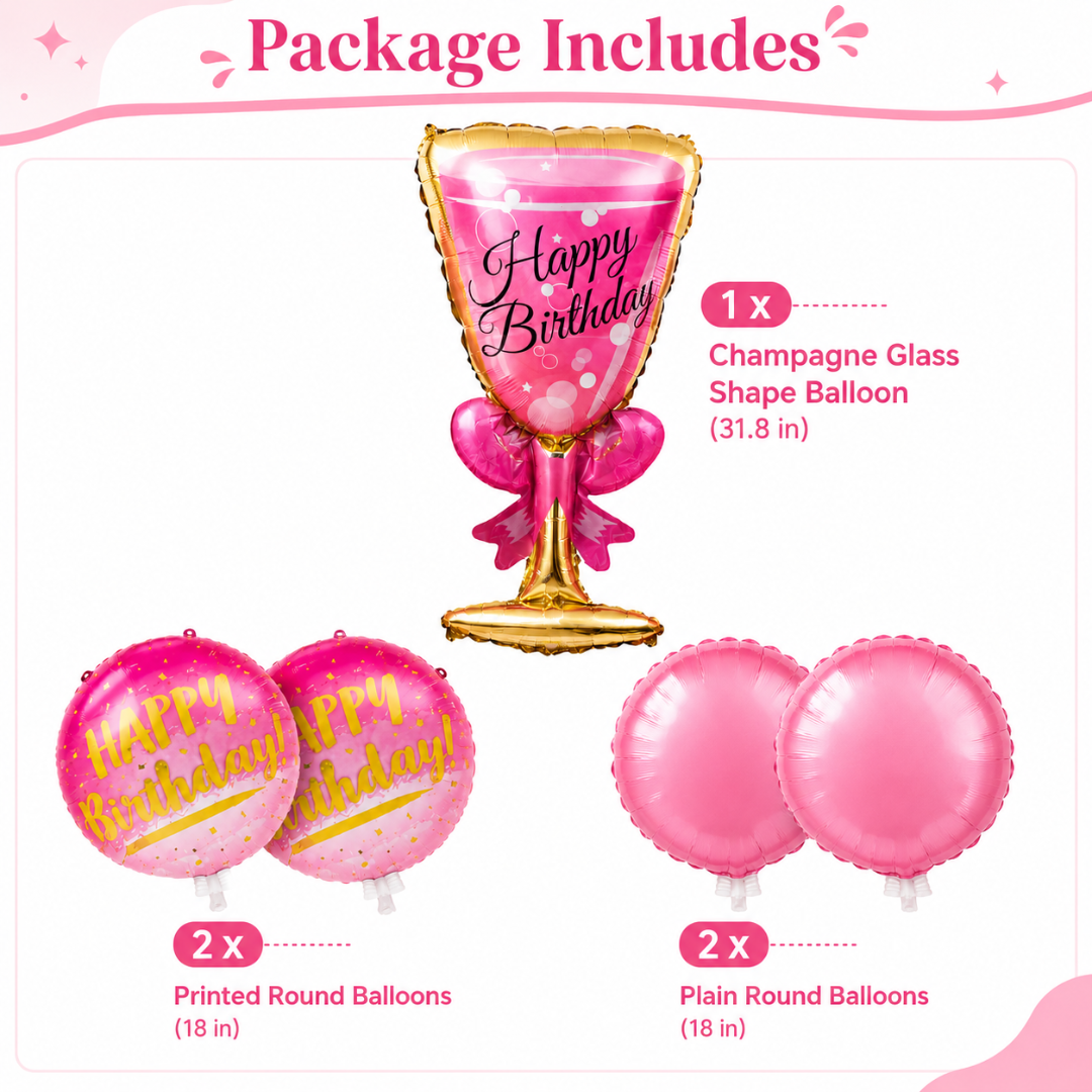 Pink Champagne Glass Birthday Balloon Bouquet Set – 5 Pcs | Fun Pink Foil Balloons for Birthday Party Decoration, Celebration Decor & Photo Backdrop