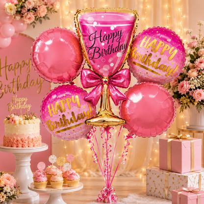 Pink Champagne Glass Birthday Balloon Bouquet Set – 5 Pcs | Fun Pink Foil Balloons for Birthday Party Decoration, Celebration Decor & Photo Backdrop
