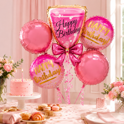 Pink Champagne Glass Birthday Balloon Bouquet Set – 5 Pcs | Fun Pink Foil Balloons for Birthday Party Decoration, Celebration Decor & Photo Backdrop