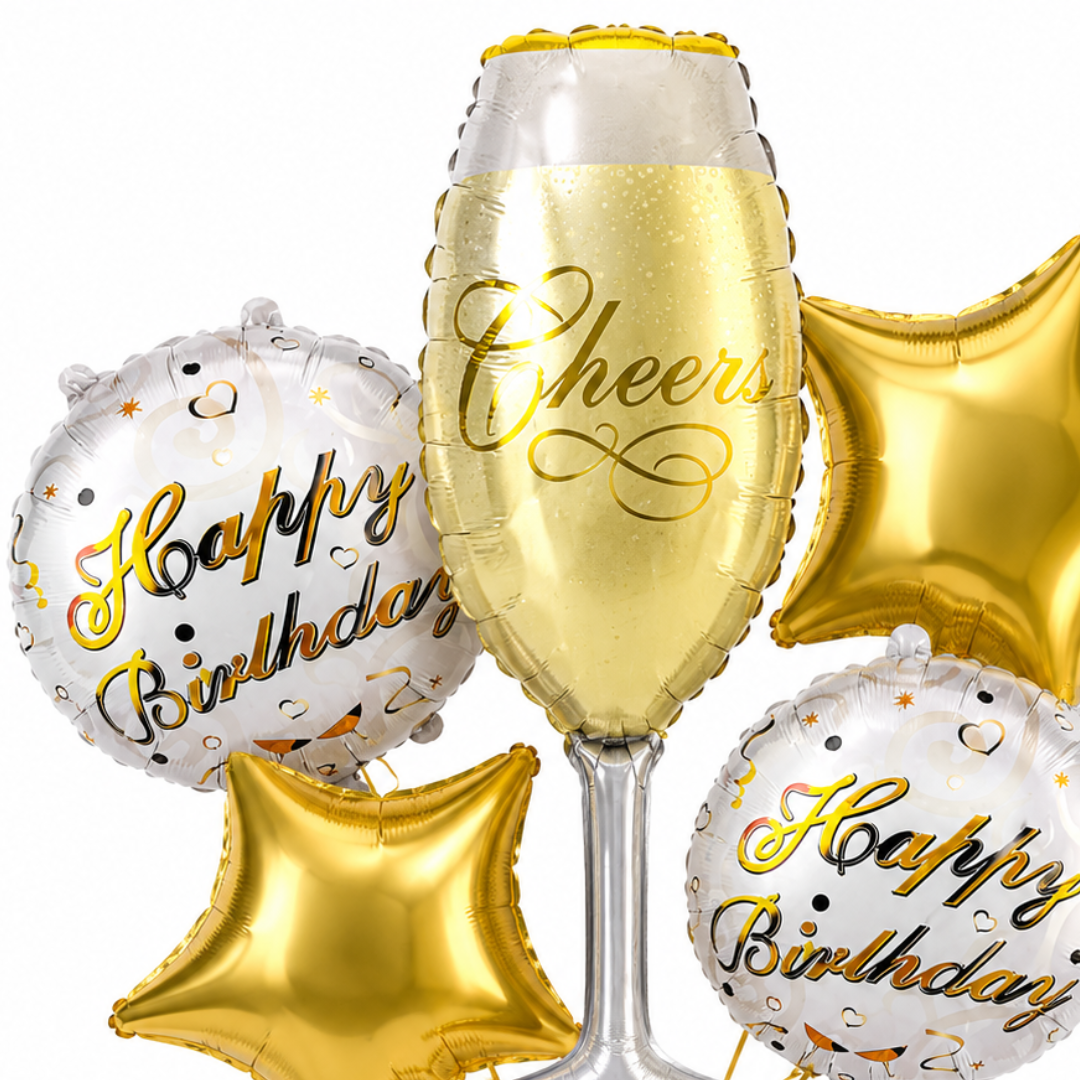 Golden Champagne Glass Birthday Balloon Bouquet Set – 5 Pcs | Premium Gold Star & Cheers Foil Balloons for Birthday Party Decoration & Photo Backdrop