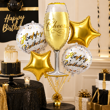 Golden Champagne Glass Birthday Balloon Bouquet Set – 5 Pcs | Premium Gold Star & Cheers Foil Balloons for Birthday Party Decoration & Photo Backdrop