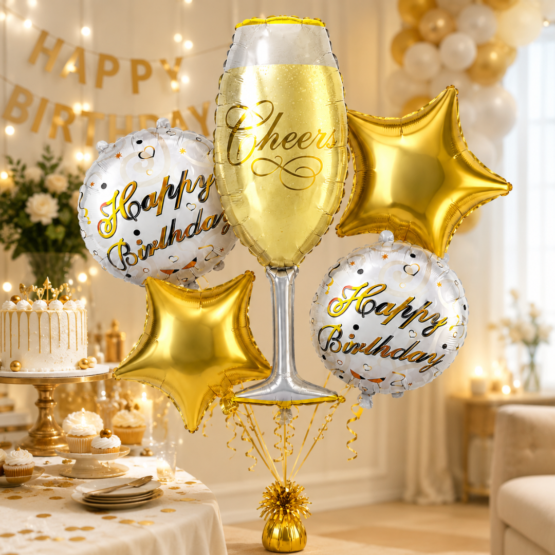 Golden Champagne Glass Birthday Balloon Bouquet Set – 5 Pcs | Premium Gold Star & Cheers Foil Balloons for Birthday Party Decoration & Photo Backdrop