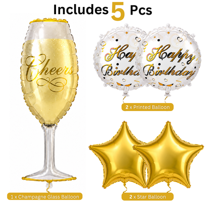 Golden Champagne Glass Shaped Birthday Balloon Bouquet Set - 5PC