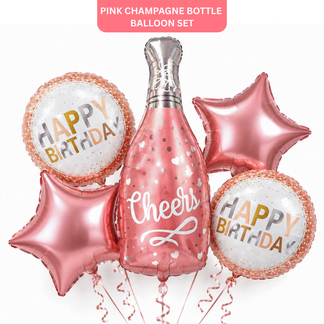 Pink Champagne Bottle Birthday Balloon Bouquet Set – 5 Pcs | Pretty Pink Star & Cheers Foil Balloons for Birthday Party Decoration & Photo Backdrop