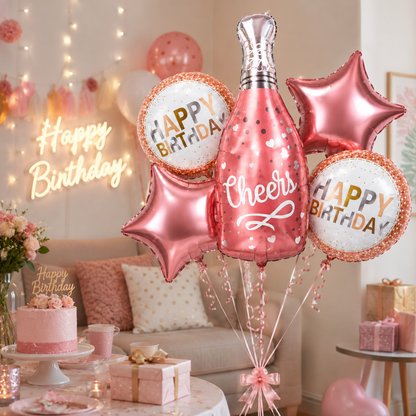 Pink Champagne Bottle Birthday Balloon Bouquet Set – 5 Pcs | Pretty Pink Star & Cheers Foil Balloons for Birthday Party Decoration & Photo Backdrop