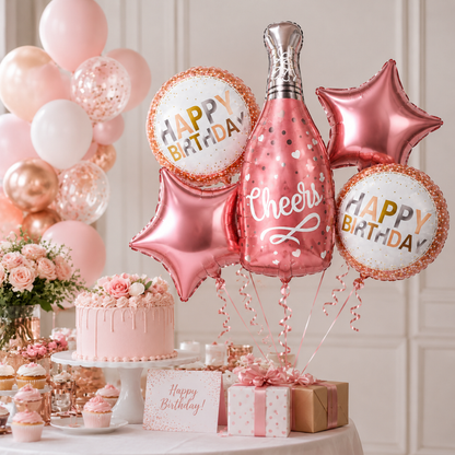 Pink Champagne Bottle Birthday Balloon Bouquet Set – 5 Pcs | Pretty Pink Star & Cheers Foil Balloons for Birthday Party Decoration & Photo Backdrop
