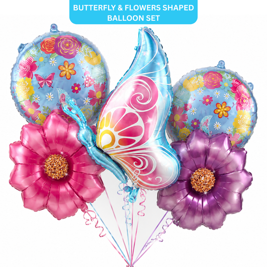 Butterfly & Flowers Shaped Balloon Bouquet Set – 5 Pcs | Colorful Butterfly & Floral Foil Balloons for Kids Birthday Party Decoration