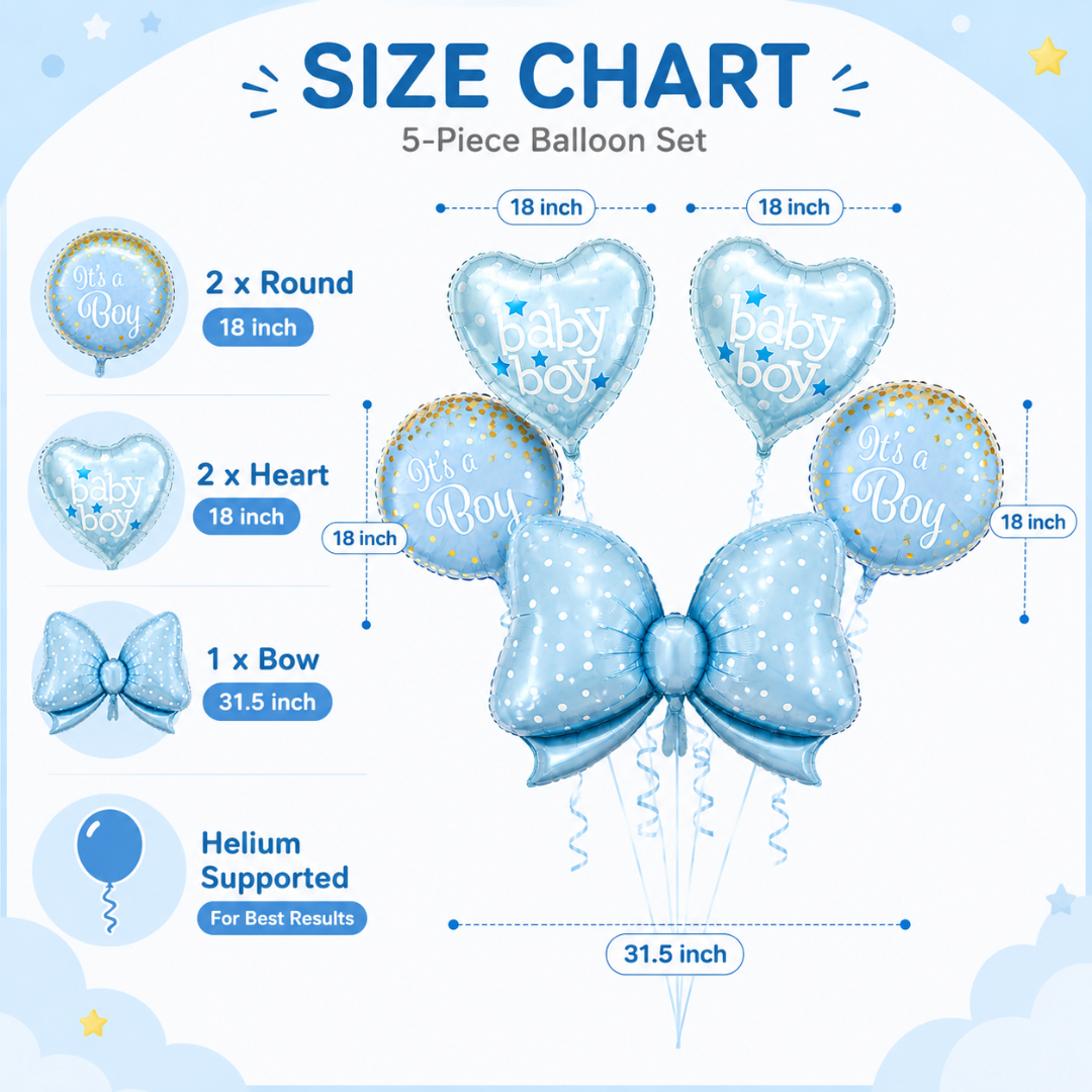 Blue Bow It’s a Boy Balloon Bouquet Set – 5 Pcs | Cute Blue Foil Balloons for Baby Shower, Welcome Baby Boy & Newborn Room Decoration
