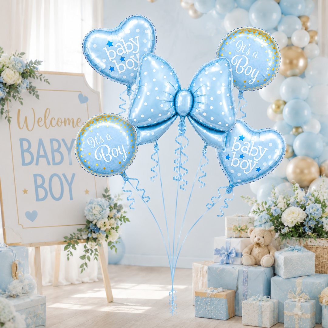 Blue Bow It’s a Boy Balloon Bouquet Set – 5 Pcs | Cute Blue Foil Balloons for Baby Shower, Welcome Baby Boy & Newborn Room Decoration