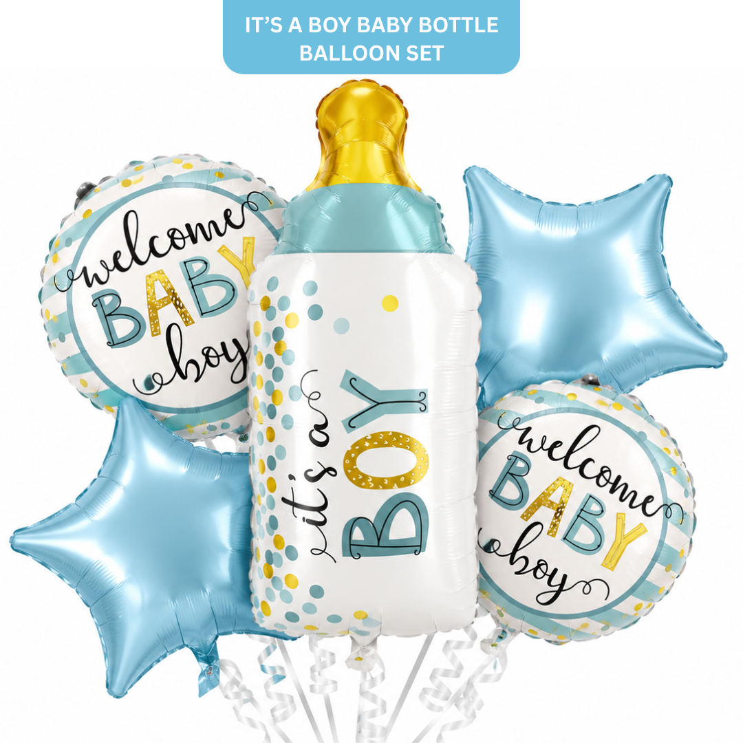 Baby Bottle It’s a Boy Balloon Bouquet Set – 5 Pcs | Cute Blue Foil Balloons for Baby Shower, Welcome Baby Boy & Newborn Room Decoration