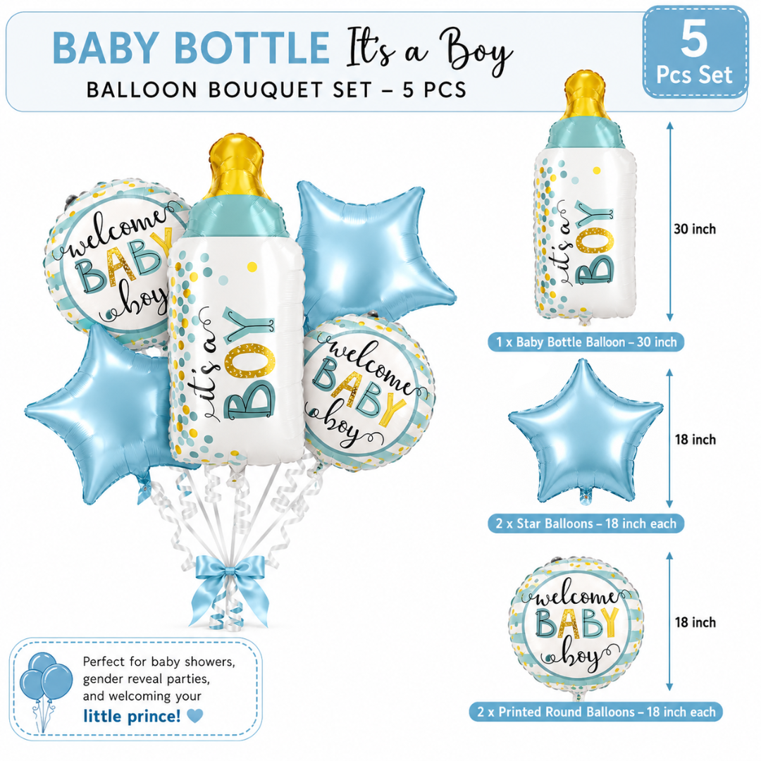 Baby Bottle It’s a Boy Balloon Bouquet Set – 5 Pcs | Cute Blue Foil Balloons for Baby Shower, Welcome Baby Boy & Newborn Room Decoration