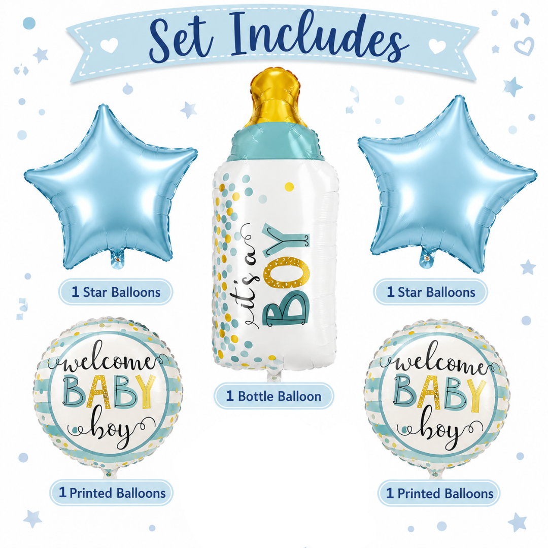 Baby Bottle It’s a Boy Balloon Bouquet Set – 5 Pcs | Cute Blue Foil Balloons for Baby Shower, Welcome Baby Boy & Newborn Room Decoration