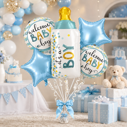 Baby Bottle It’s a Boy Balloon Bouquet Set – 5 Pcs | Cute Blue Foil Balloons for Baby Shower, Welcome Baby Boy & Newborn Room Decoration