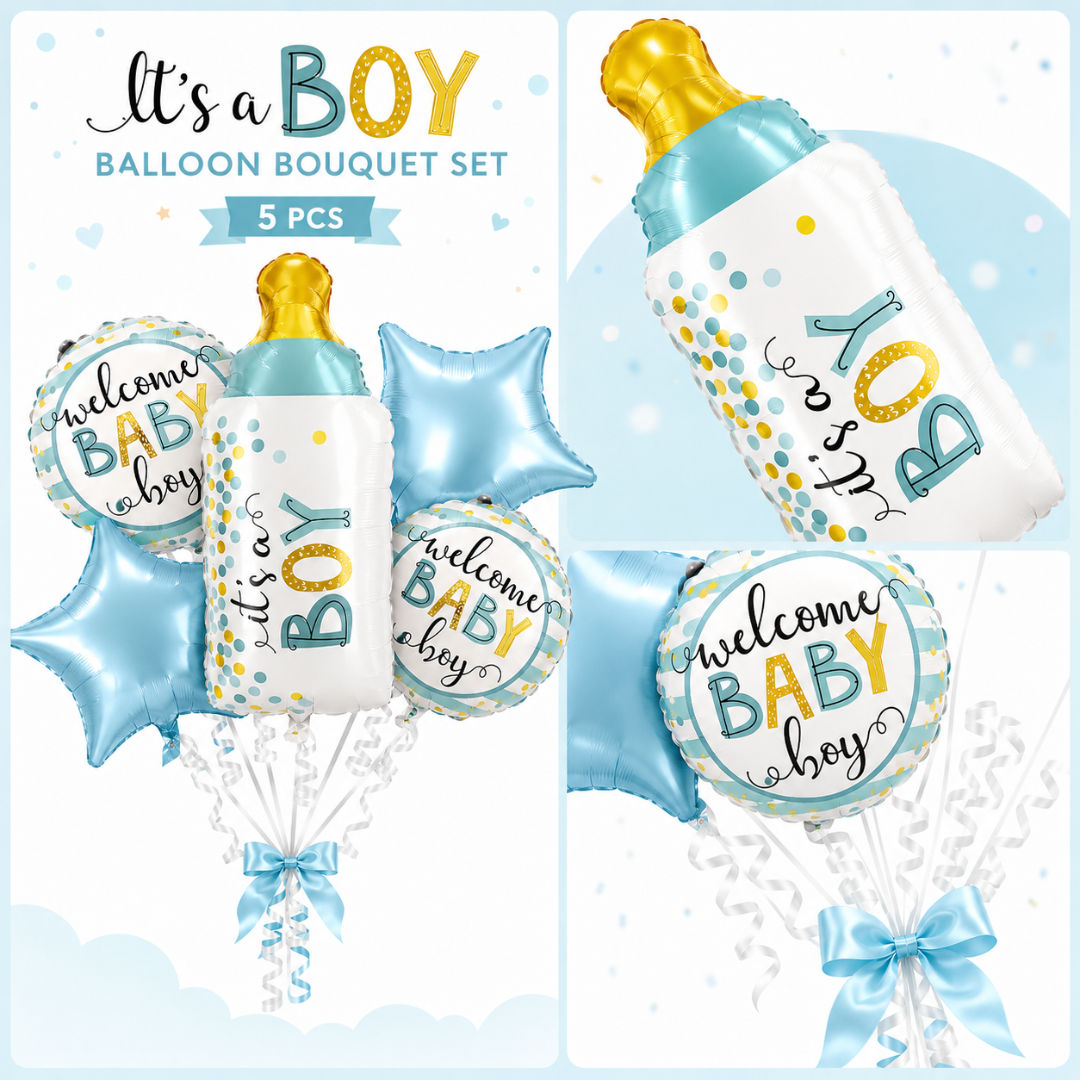 Baby Bottle It’s a Boy Balloon Bouquet Set – 5 Pcs | Cute Blue Foil Balloons for Baby Shower, Welcome Baby Boy & Newborn Room Decoration