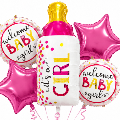 Baby Bottle It’s a Girl Balloon Bouquet Set – 5 Pcs | Cute Pink Baby Bottle, Star & Round Foil Balloons for Baby Shower, Welcome Baby Girl & Newborn Room Decoration