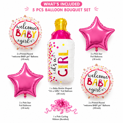 Baby Bottle It’s a Girl Balloon Bouquet Set – 5 Pcs | Cute Pink Baby Bottle, Star & Round Foil Balloons for Baby Shower, Welcome Baby Girl & Newborn Room Decoration
