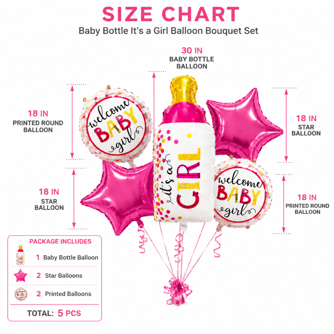 Baby Bottle It’s a Girl Balloon Bouquet Set – 5 Pcs | Cute Pink Baby Bottle, Star & Round Foil Balloons for Baby Shower, Welcome Baby Girl & Newborn Room Decoration