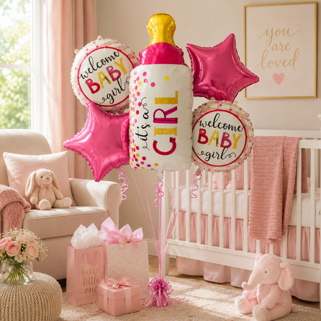 Baby Bottle It’s a Girl Balloon Bouquet Set – 5 Pcs | Cute Pink Baby Bottle, Star & Round Foil Balloons for Baby Shower, Welcome Baby Girl & Newborn Room Decoration