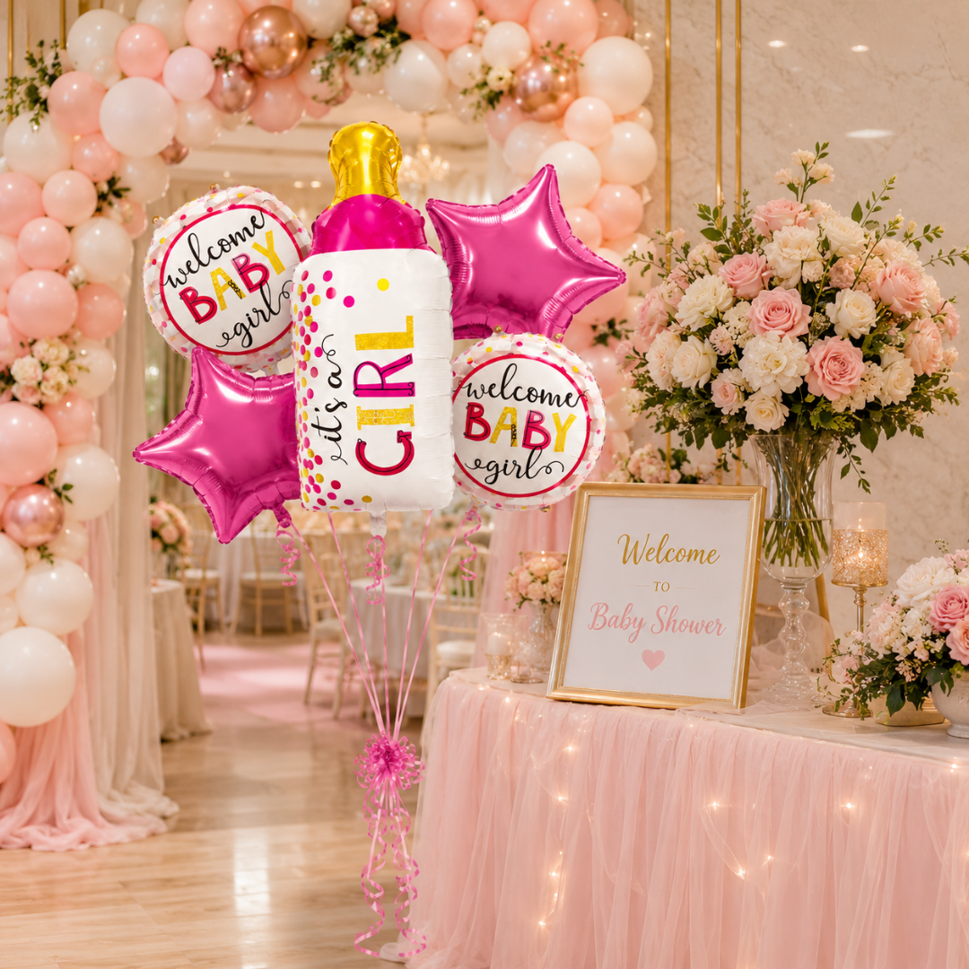 Baby Bottle It’s a Girl Balloon Bouquet Set – 5 Pcs | Cute Pink Baby Bottle, Star & Round Foil Balloons for Baby Shower, Welcome Baby Girl & Newborn Room Decoration