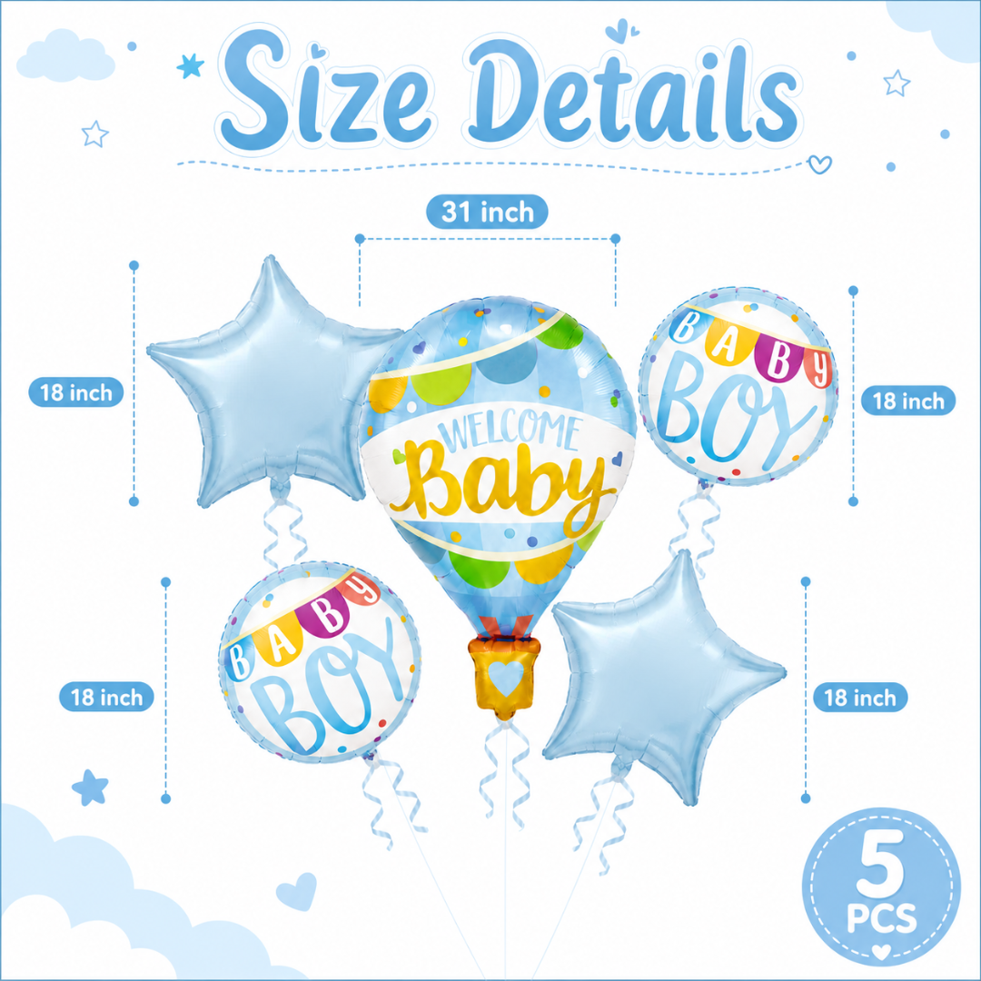 Hot Air Balloon Blue Welcome Baby Balloon Bouquet Set – 5 Pcs | Cute Blue Foil Balloons for Baby Shower, Welcome Baby Boy & Newborn Room Decoration