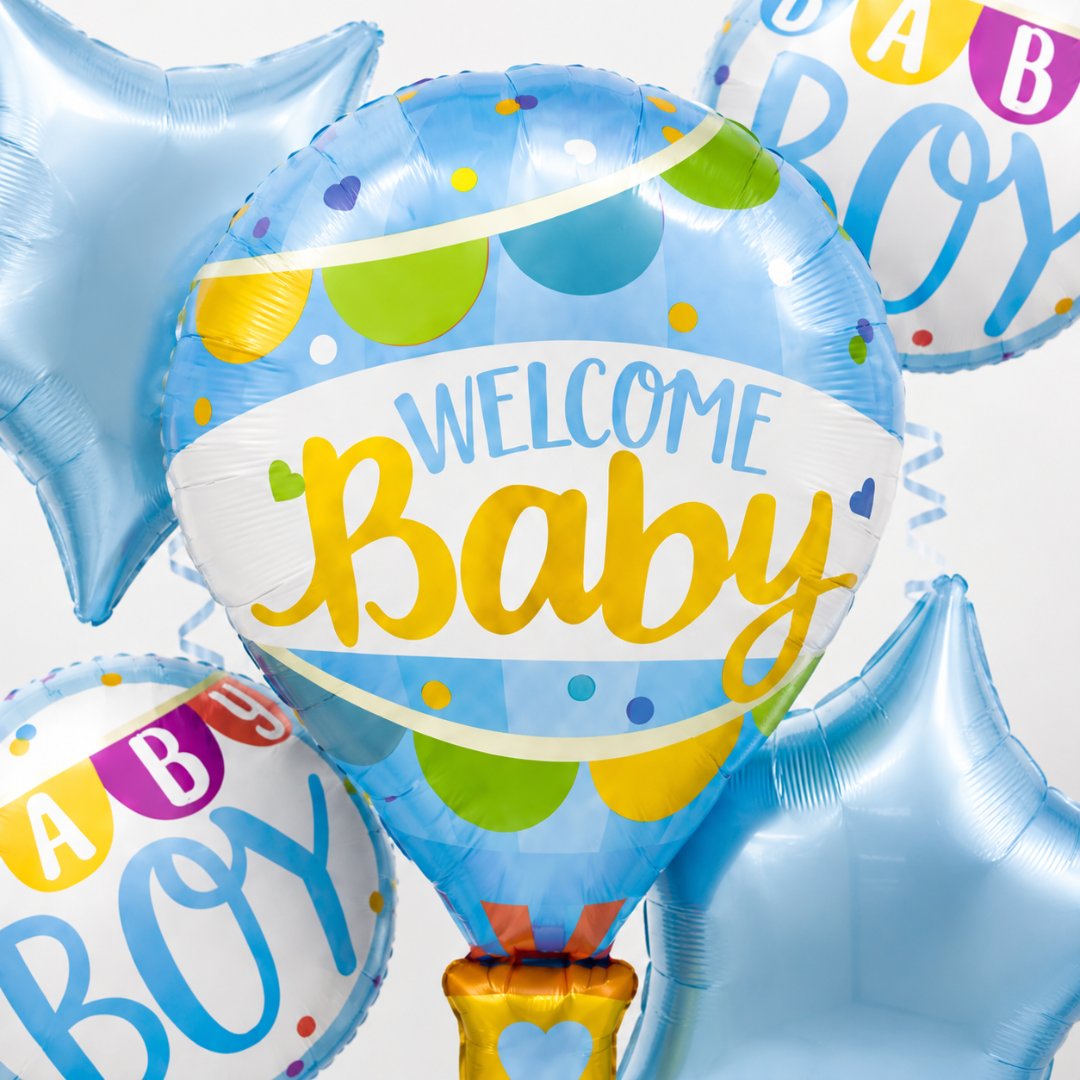 Hot Air Balloon Blue Welcome Baby Balloon Bouquet Set – 5 Pcs | Cute Blue Foil Balloons for Baby Shower, Welcome Baby Boy & Newborn Room Decoration