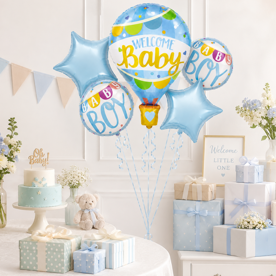 Hot Air Balloon Blue Welcome Baby Balloon Bouquet Set – 5 Pcs | Cute Blue Foil Balloons for Baby Shower, Welcome Baby Boy & Newborn Room Decoration