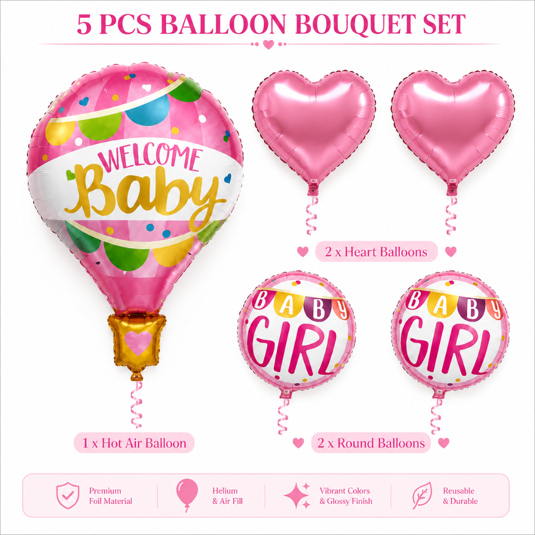 Hot Air Balloon Pink It’s a Girl Balloon Bouquet Set - 5 Pcs | Hot Air Balloon, Heart & Round Foil Balloons |Baby Shower & Welcome Baby Girl Decoration