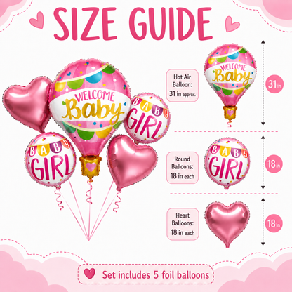 Hot Air Balloon Pink It’s a Girl Balloon Bouquet Set - 5 Pcs | Hot Air Balloon, Heart & Round Foil Balloons |Baby Shower & Welcome Baby Girl Decoration