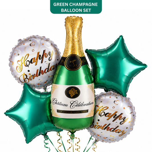 Green Champagne Bottle Birthday Balloon Bouquet Set – 5 Pcs | Premium Green Star & Happy Birthday Foil Balloons for Adult Birthday Party Decoration