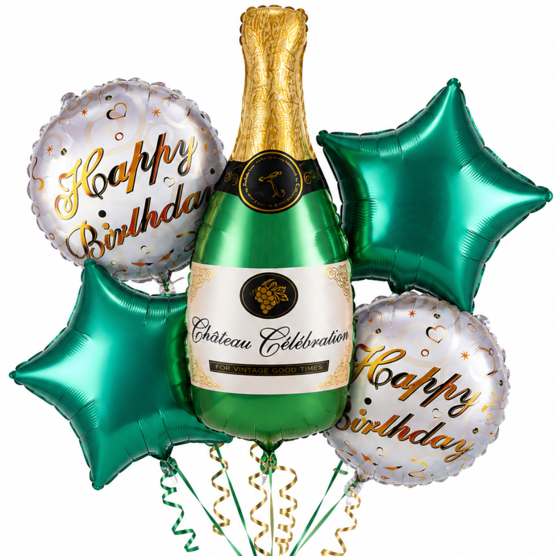 Green Champagne Bottle Birthday Balloon Bouquet Set – 5 Pcs | Premium Green Star & Happy Birthday Foil Balloons for Adult Birthday Party Decoration