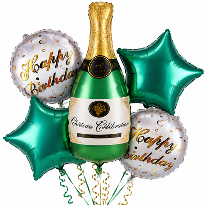 Green Champagne Bottle Birthday Balloon Bouquet Set – 5 Pcs | Premium Green Star & Happy Birthday Foil Balloons for Adult Birthday Party Decoration
