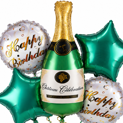 Green Champagne Bottle Birthday Balloon Bouquet Set – 5 Pcs | Premium Green Star & Happy Birthday Foil Balloons for Adult Birthday Party Decoration