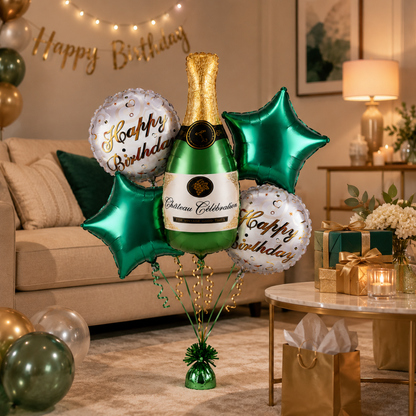 Green Champagne Bottle Birthday Balloon Bouquet Set – 5 Pcs | Premium Green Star & Happy Birthday Foil Balloons for Adult Birthday Party Decoration