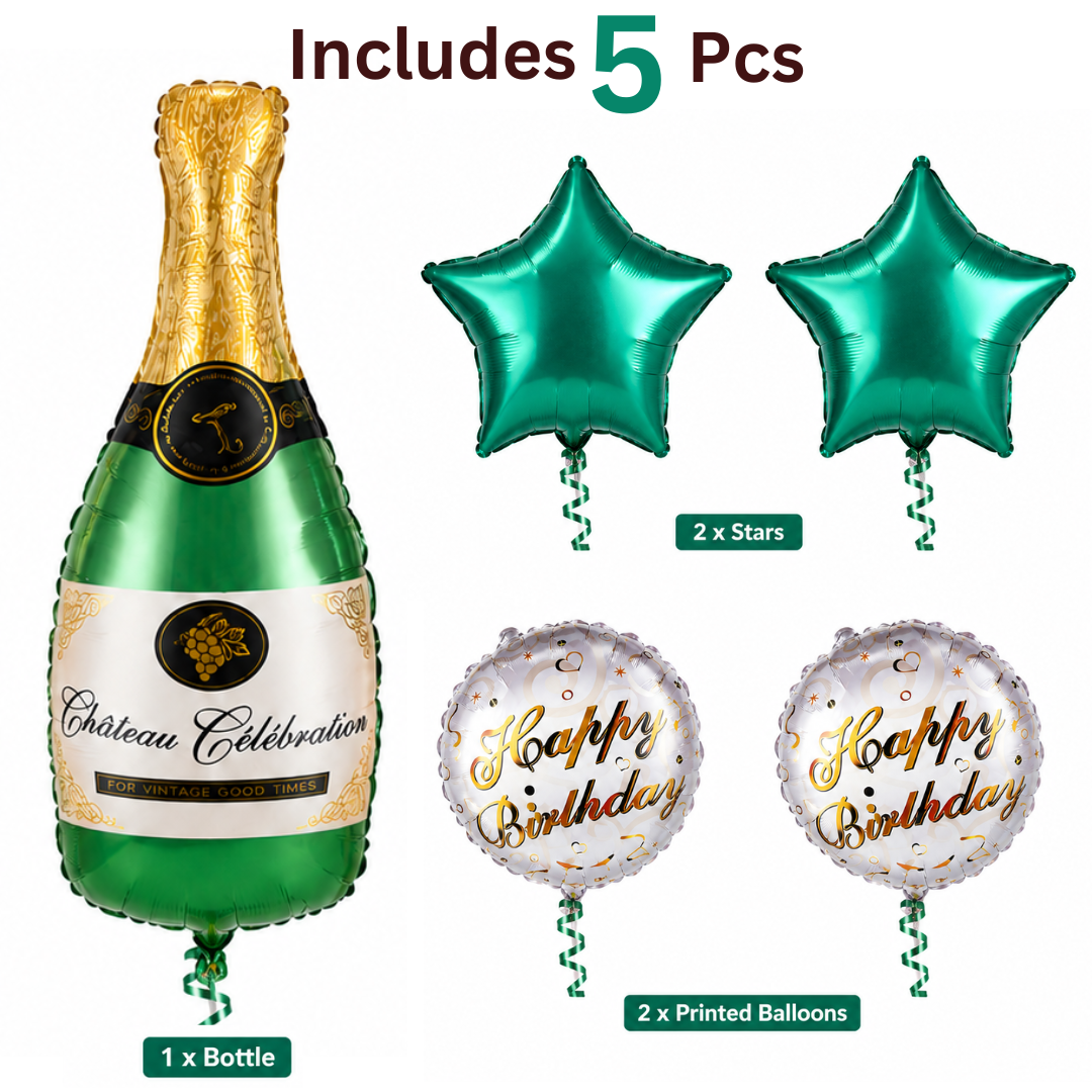Green Champagne Bottle Birthday Balloon Bouquet Set - 5PC