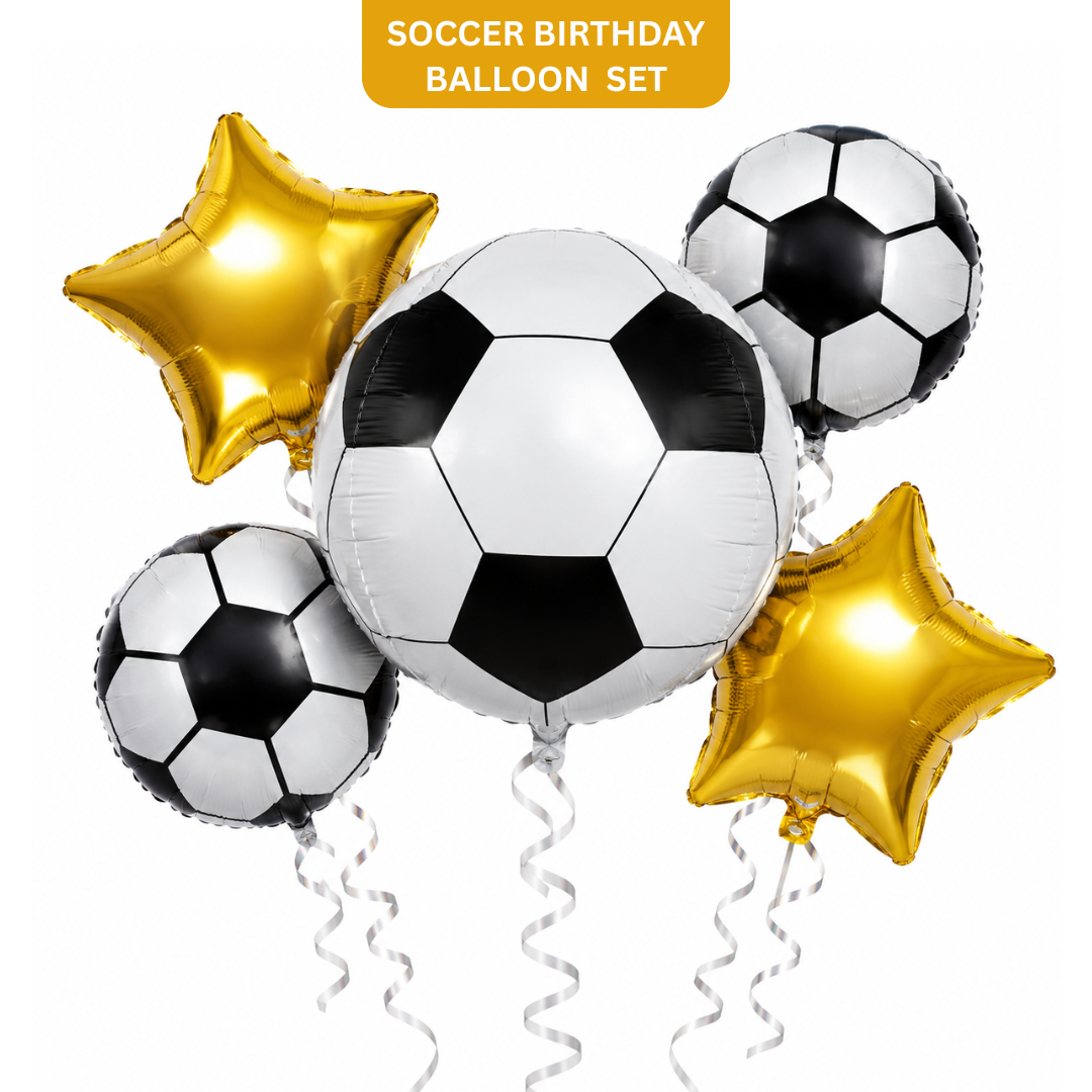 Soccer Birthday Balloon Bouquet Set – 5 Pcs | Fun Soccer Ball & Gold Star Foil Balloons for Kids Birthday Party Decoration