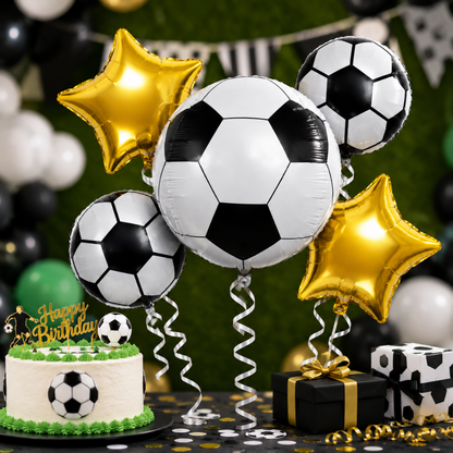 Soccer Birthday Balloon Bouquet Set – 5 Pcs | Fun Soccer Ball & Gold Star Foil Balloons for Kids Birthday Party Decoration