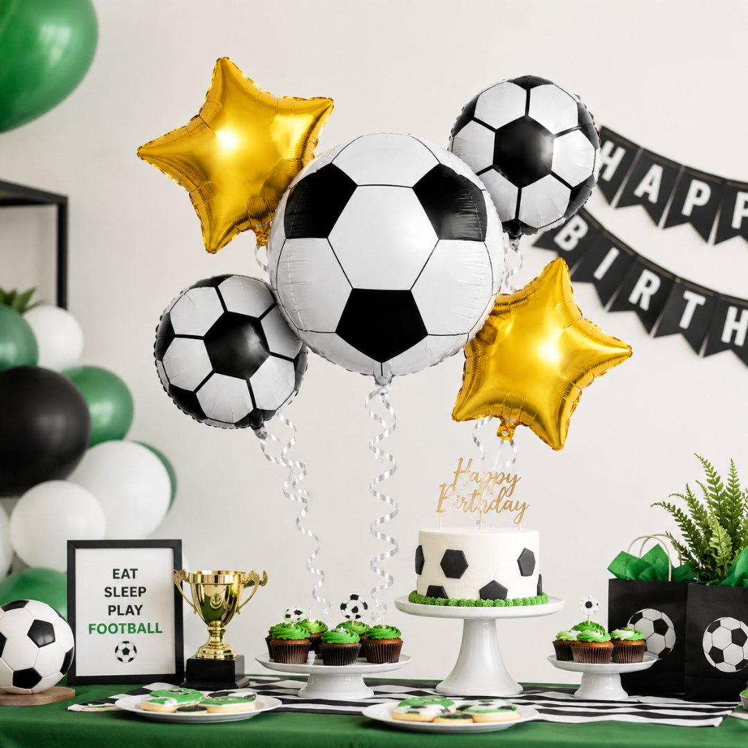 Soccer Birthday Balloon Bouquet Set – 5 Pcs | Fun Soccer Ball & Gold Star Foil Balloons for Kids Birthday Party Decoration