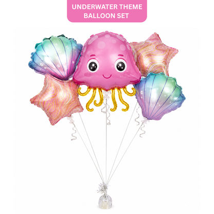 Jellyfish & Seashell Underwater Theme Balloon Bouquet Set – 5 Pcs | Cute Ocean Foil Balloons for Kids Birthday Party, Sea Theme Decoration & Photo Backdrop